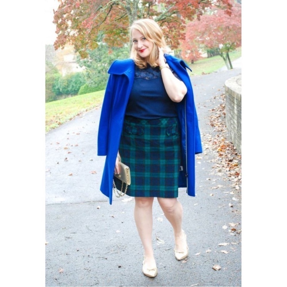 Talbots Skirt Tartan Watch Plaid Velvet Ruffle Pockets Blue Green Holiday Stretc